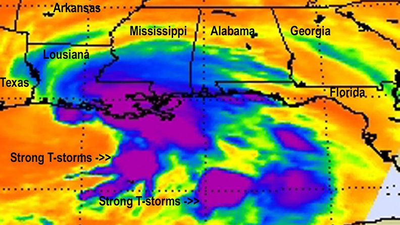 A NASA handout infrared image of Tropical Storm Lee on 03 September 2100 at 3 47 a.m. Eastern Daylight Time (EDT) and showing the coldest clouds and strongest thunderstorms (purple) over southeastern Louisiana and the Gulf of Mexico. 