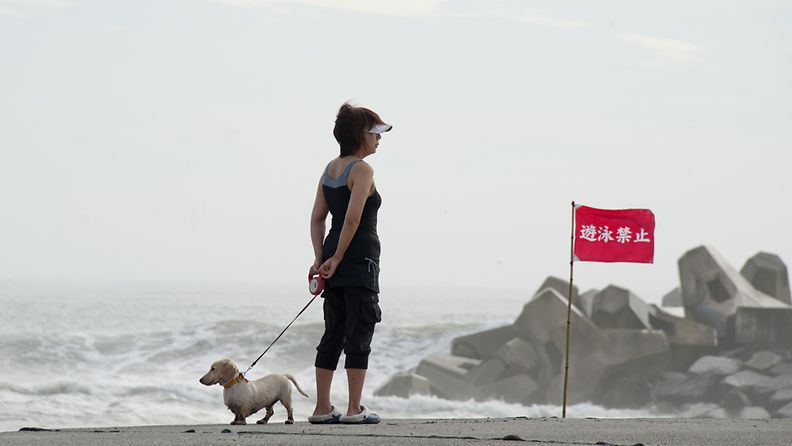 Japanilaisnainen katselee koiransa kanssa, kun hirmumyrsky Ma-onin nostattamat aallot iskeytyvät rantaan Ichonomiyan kaupungissan Japanissa 18.7.2011.