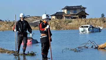 Pelastustyöntekijät etsivät tsunamin uhreja Fukushiman maakunnassa 12.3.2011. Kuva: EPA
