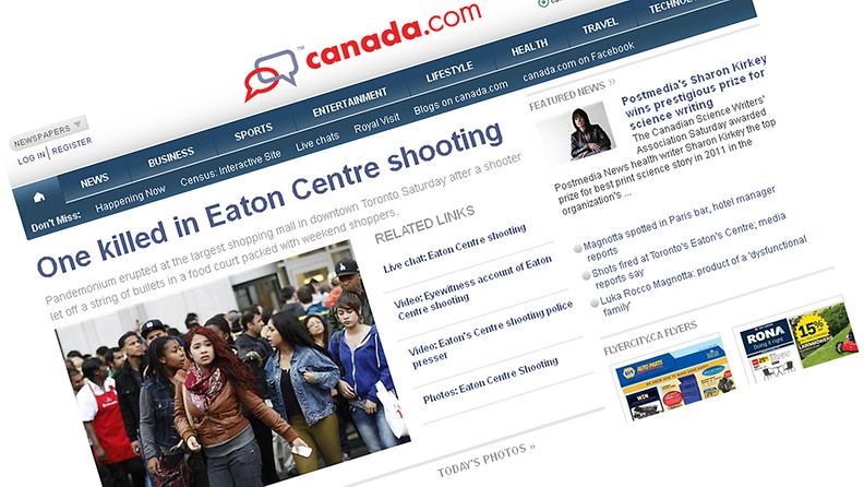 Kanadalaismedia uutisoi näyttävästi Eaton Centren ostoskeskusammuskelusta.