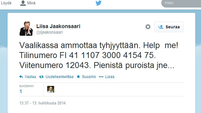 Liisa Jaakonsaari keräsi Twitterissä rahaa 13.4.2014