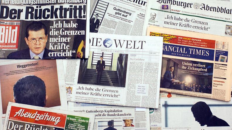 The frontpages of several German newsspapers report on the resignation of German Defence Minister Karl-Theodor zu Guttenberg, Berlin, Germany, on 02 March 2011.