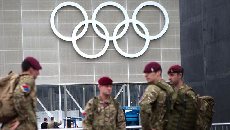 Brittisotilaita Lontoon olympiapuistossa 12. heinäkuuta 2012.