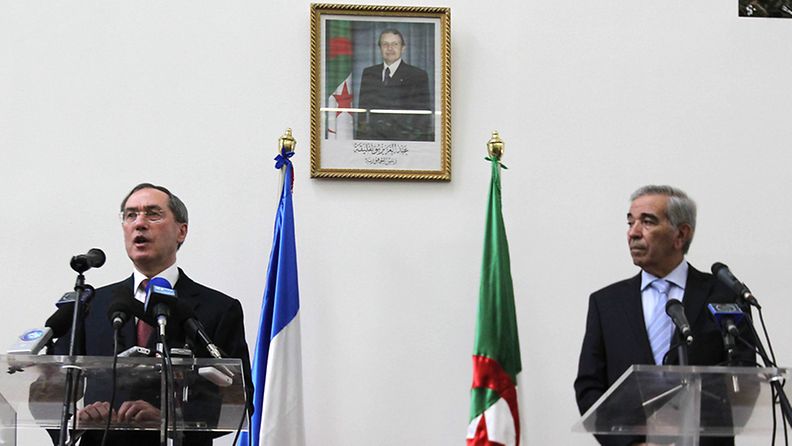 French Interior Minister Claude Gueant (L) speaks during a joint press conference with his Algerian counterpart Dahou Ould Kablia, in Algiers, Algeria, 04 December 2011. According to media reports, the French Interior Minister arived on 04 December on an official visit, to meet his Algerian counterpart, Daho Ould Kabila and discuss the latest developments in the Sahel zoneand the cooperation between the two countries in the fight against terrorism.