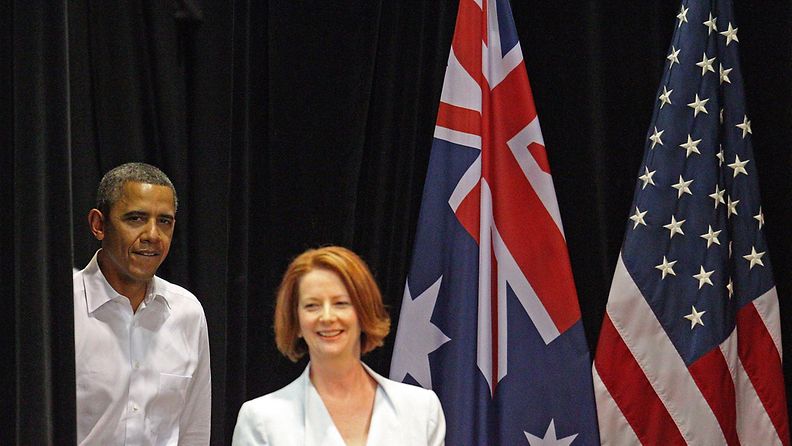Yhdysvaltain presidentti Barack Obama ja Australian pääministeri Julia Gillard vierailivat yhdessä Darwinin sotilastukikohdassa Australiassa 17. marraskuuta.