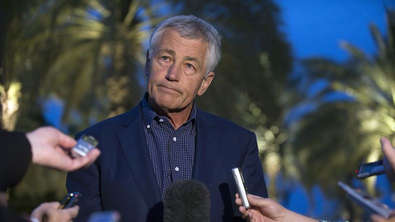 US Secretary of Defense Chuck Hagel speaks with reporters after reading a statement on chemical weapon use in Syria during a press conference in Abu Dhabi United Arab Emirates 25 April 2013. Hagel said that the US intelligence has evidence that Syria had used chemical weapons against rebels