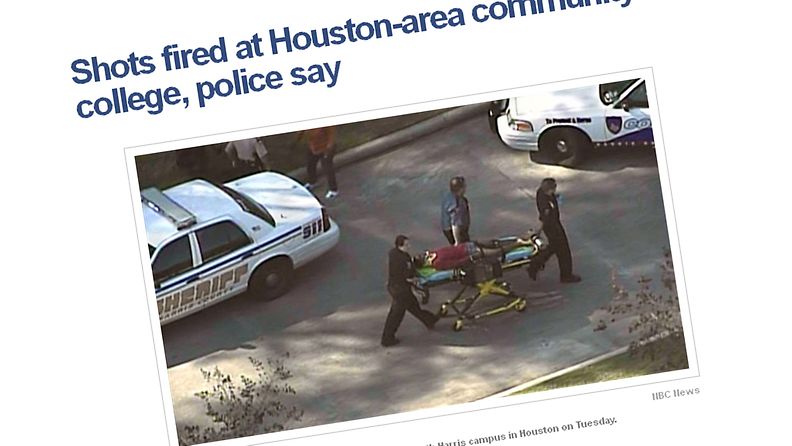 Yhdysvaltalaisten viestimien mukaan Houstonissa Lone Star Collegessa on tapahtunut ampumatapaus. Kuvakaappaus NBC Newsin sivuilta.
