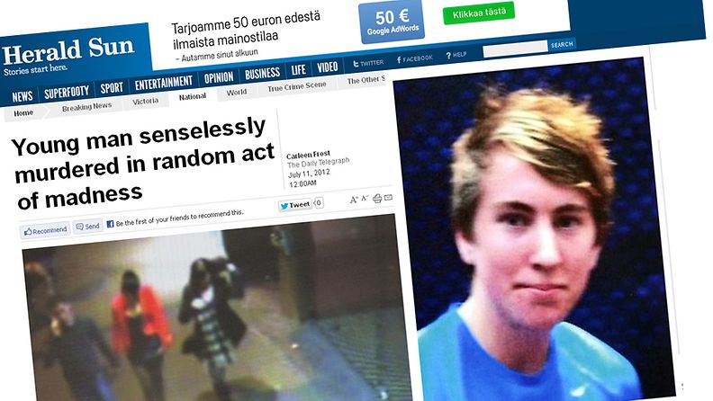18-vuotias nuorukainen kuoli tuntemattoman miehen järjettömän hyökkäyksen seurauksena. Kuvakaappaukset Herald Sunista.