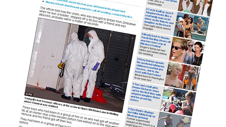 Teinipojan murha kuohuttaa Lontoossa. Ruutunäkymä Daily Mailin sivuilta.