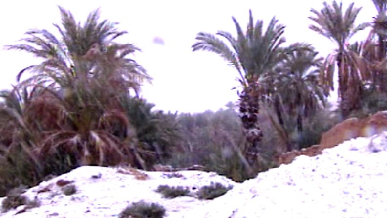 Saharan aavikolla satoi eilen lunta Algeriassa. Kuva AP:n videomateriaalista.
