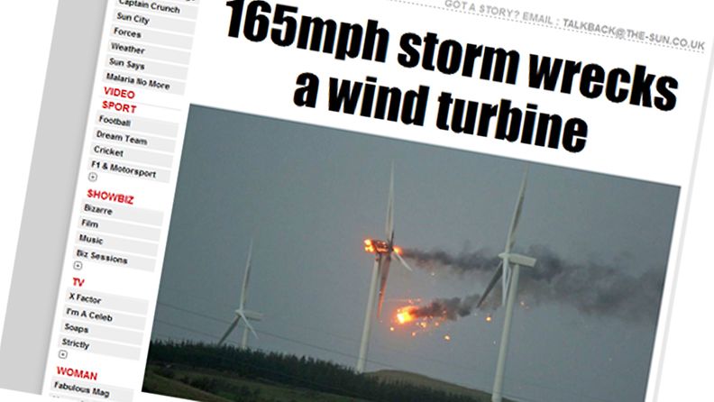 Myrskytuuli tuhosi tuulivoimalan skotlannissa. Kuvaruutunäkymä The Sunin sivuilta. 