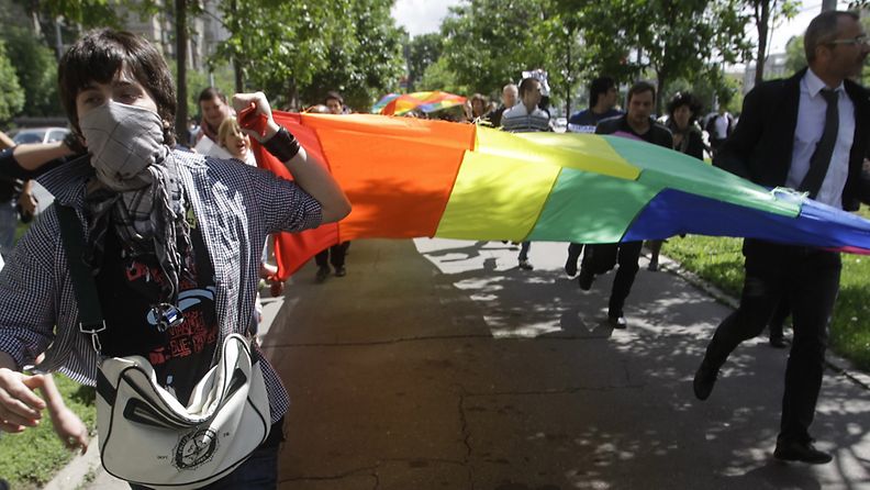 Homoseksuaalit järjestivät mielenosoitusmarssin Moskovassa 29.5.2010.