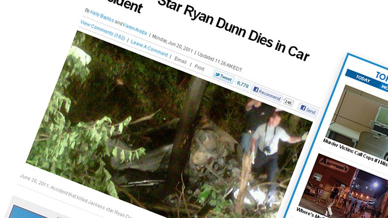 Ryan Dunn kuoli auto-onnettomuudessa. Ruutunäkymä NBC Philadelphian sivulta 