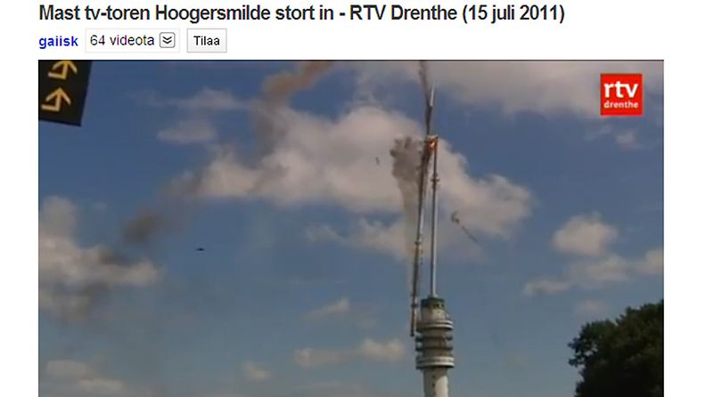 Televisiomasto sortuu palon seurauksena, Hollanti 15.7.2011. Ruutunäkymä YouTubesta.