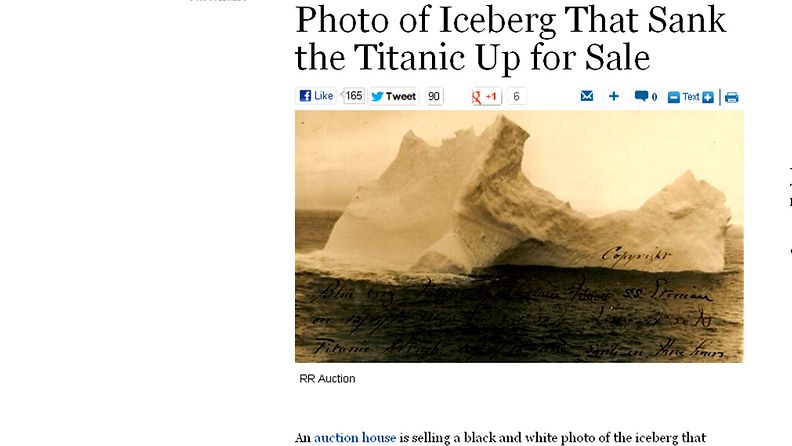 Harvinainen valokuva jäävuoresta, johon Titanicin epäillään törmänneen, on tulossa huutokaupattavaksi. Kuvakaappaus ABC-uutiskanavan sivuilta.