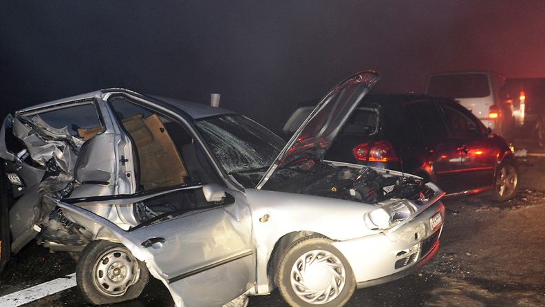 According to police reports, between 40 and 50 vehicles were involved in a multiple crash on A5 motorway near Teningen, Germany on 01 January 2010