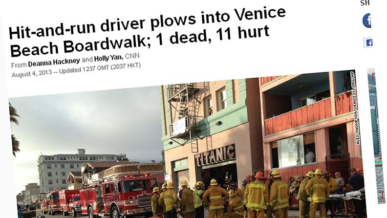 Autoilija kaahasi tahallaan kävelykadulle Los Angelesin Venice Beachillä 3. elokuuta 2013. Kuvakaappaus CNN:n nettisivuilta.