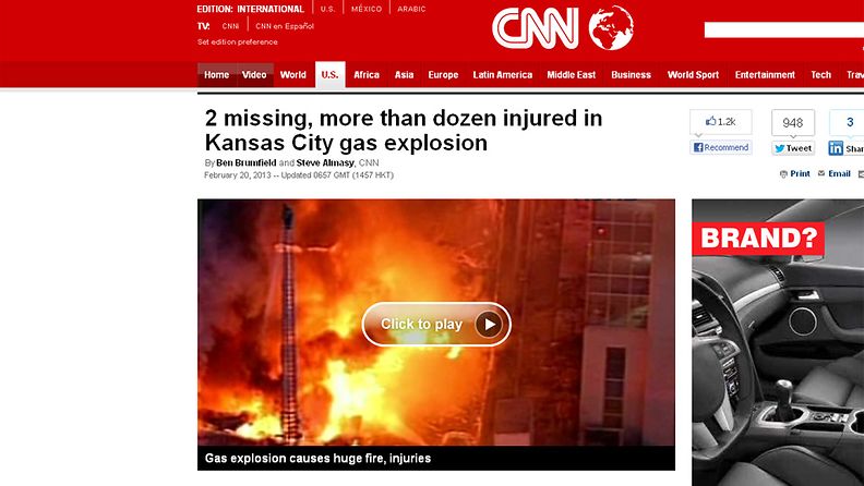 Kaasuräjähdys aiheutti valtavan tulipalon Kansasissa. Kuvakaappaus CNN:n sivuilta.