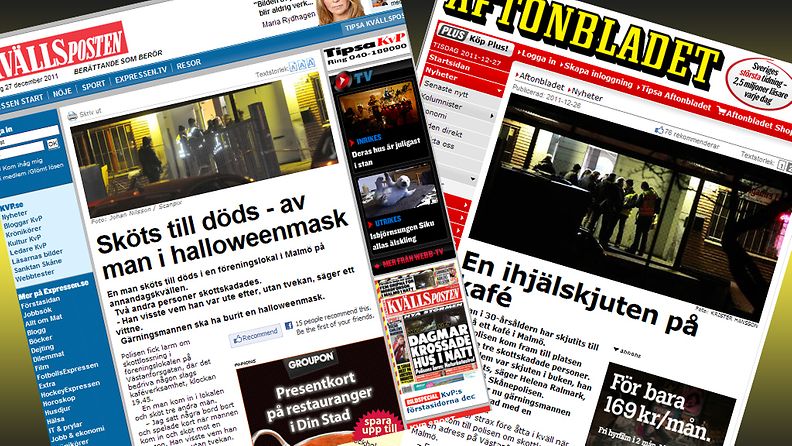 Halloween-naamariin pukeutunut ampuja tapaninpäivänä Malmössä Ruotsissa. Kuvakaappauksia ruotsalaislehtien sivuilta. 