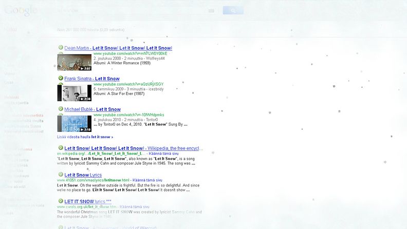 Google peittyy lumeen. Kuvakaappaus Googlen etusivulta. 