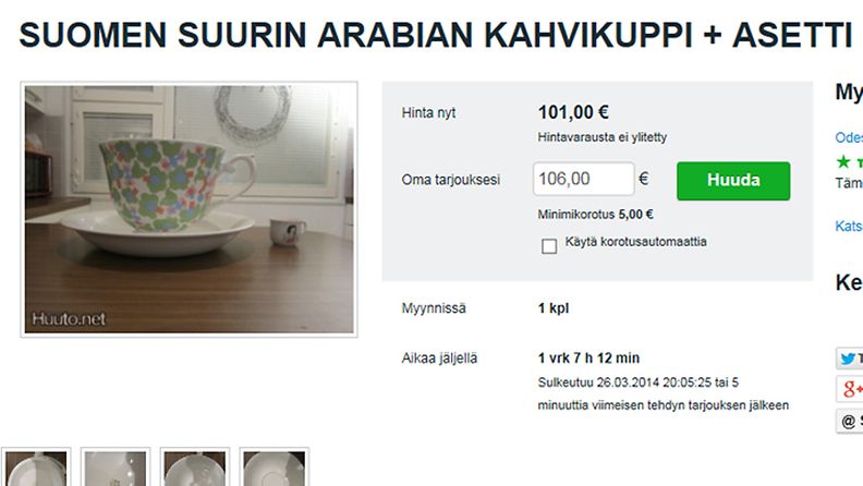Kuvakaappaus Huuto.net -sivulta. Liekö tämä Suomen suurin Arabiakuppi?