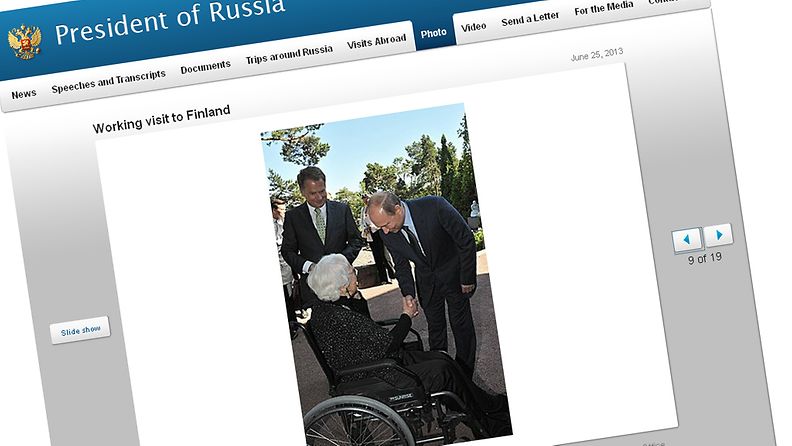 Venäjän presidentti Vladimir Putin kätteli presidentti Sauli Niinistön äitiä Hilkka Niinistöä