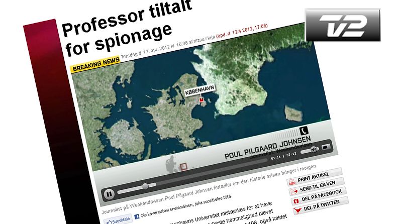 Kööpenhaminan yliopistossa työskennellyttä suomalaissyntyistä professoria epäillään vakoilusta. Kuvakaappaus Tanskan TV2:n sivuilta.