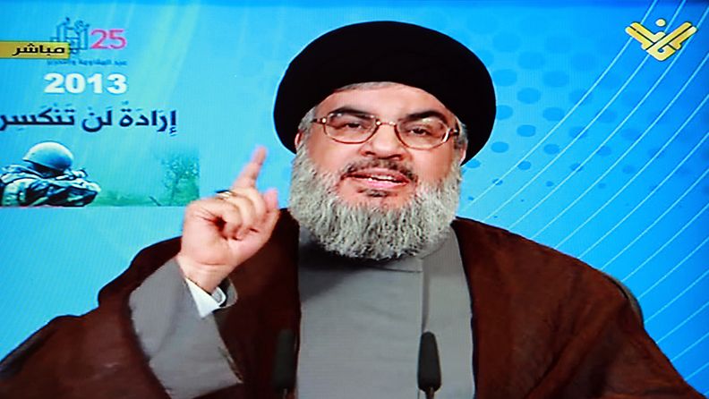 A TV grab from Al-Manar television shows Hezbollah Secretary-General Sayyed Hassan Nasrallah speaking during a rally to mark the Resistance and Liberation Day in the village of Mashghara in the eastern Bekaa valley Lebanon 25 May 2013. The Liberation Day commemorates the Israeli army’s withdrawal from south Lebanon in May 2000. 