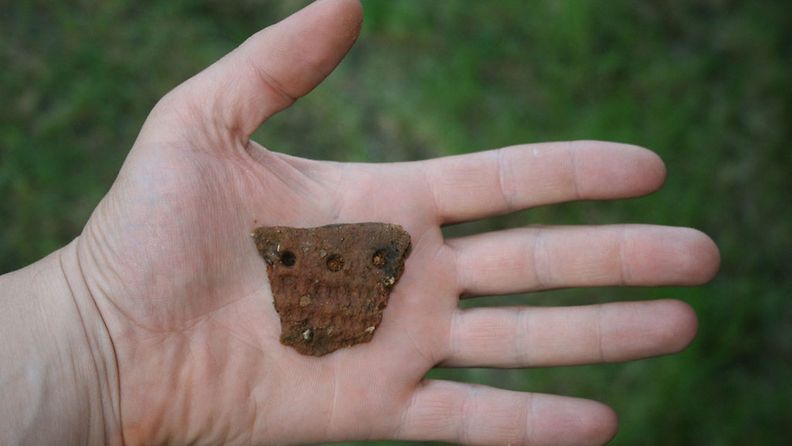 Kookkain Juovvagielaksen asuinpaikalta löytynyt saviastian reunakappale Kilpisjärvellä 27. kesäkuuta 2011.