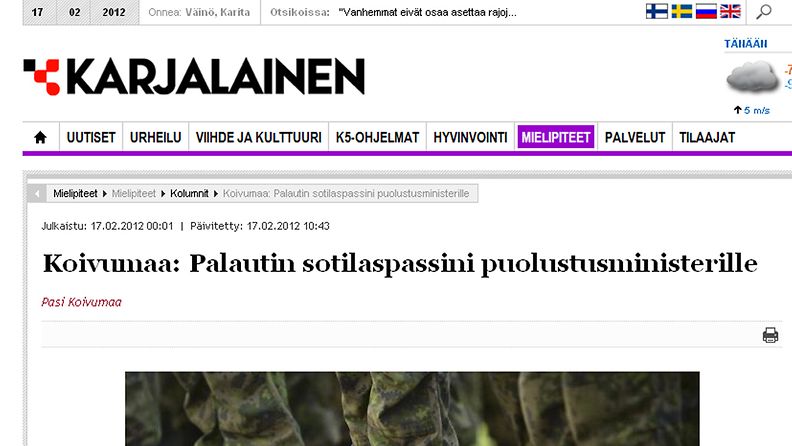 Kuvakaappaus Karjalaisen nettisivuilta. 