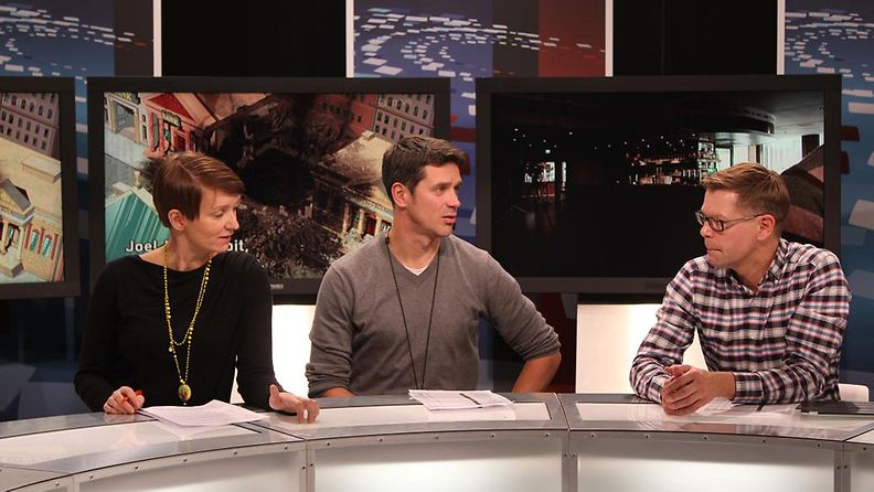 Eeva Lehtimäki, Tomi Einonen ja Kimmo Grönlund valmistautuivat MTV3:n Tulosiltaan kuntavaalien aattona.