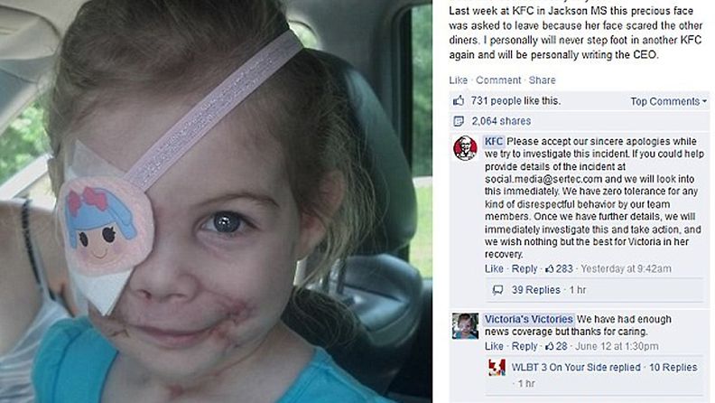 Kuvakaappaus Facebookista: 3-vuotias Victoria Wilcher heitettiin ulos pikaruokaravintolasta.