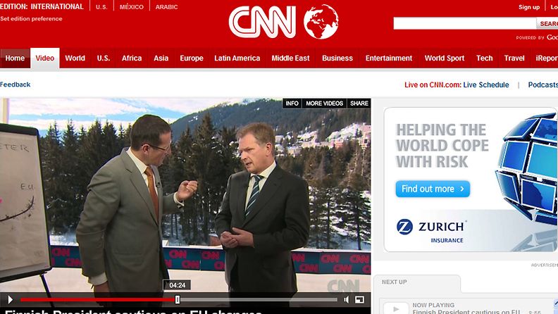 Presidentti Sauli Niinistö oli uutiskanava CNN:n haastattelussa 25.1.2013. Kuvakaappaus CNN:n sivuilta.