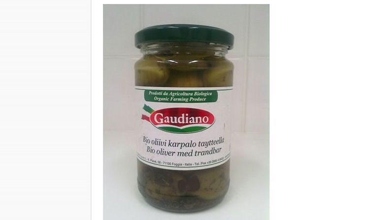 Gaudiano Bio oliivi karpalotäytteellä, vedetään pois markkinoilta varotoimenpiteenä liittyen tuotanto-ongelmiin italialaisessa tehtaassa.