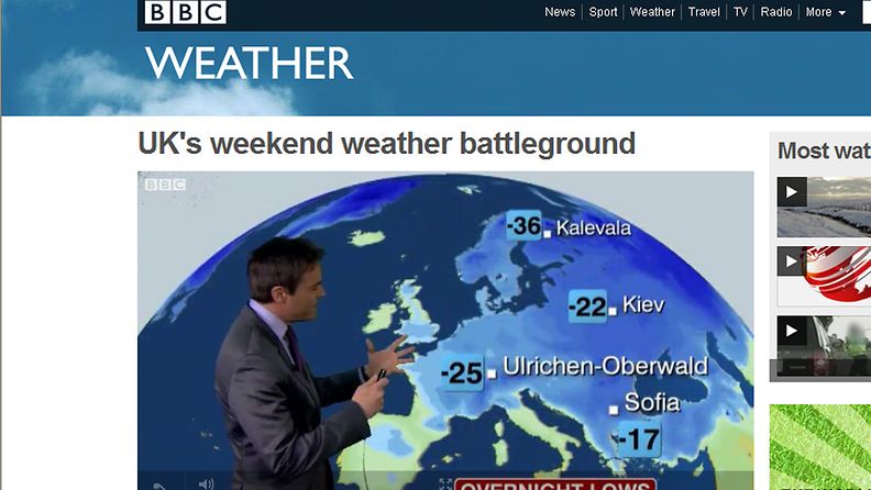Kalevalassa on hyytävän kylmää, kertoi BBC 1.2.2012.