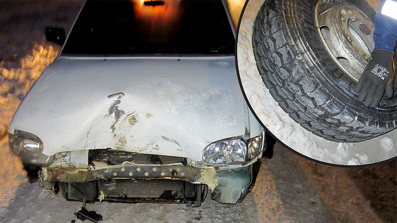 Täysperävaunurekasta irronnut rengas osui pakettiauton keulaan.