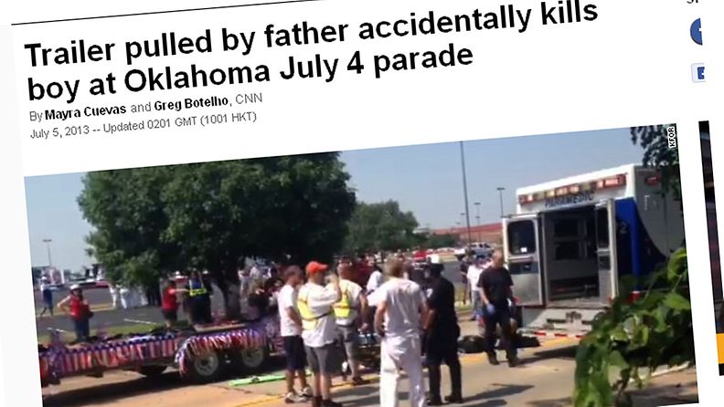 Seitsemänvuotias poika kuoli itsenäisyyspäivän paraatissa sattuneessa onnettomuudessa Oklahomassa 4. heinäkuuta 2013. Kuvakaappaus CNN:n nettisivuilta.