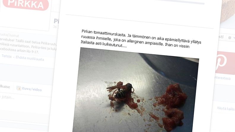Pirkan tomaattimurskapurkista löytyi ampiainen. Kuvakaappaus Pirkan Facebook-sivuilta.