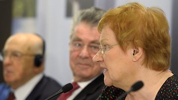 Presidents Giorgio Napolitano of Italy (L), Heinz Fischer of Austria and Finnish President Tarja Halonen (R) in a joint Press Conference in Helsinki, Finland on February 11, 2012. President Halonen is hosting a meeting of eight presidents in Helsinki on 10-11 February.