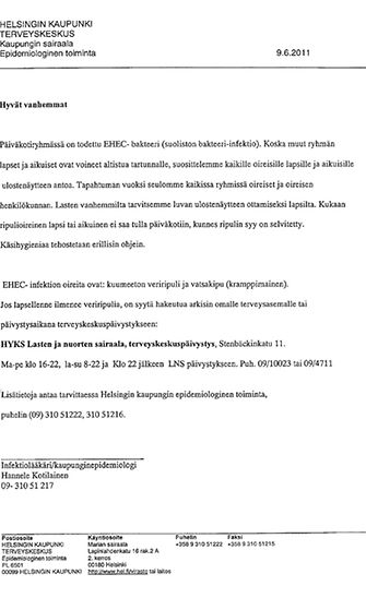Helsinkiläisen Lapinlahden päiväkodin tiedote, jossa vanhempia informoidaan sieltä löytyneestä ehec-tartunnasta. 