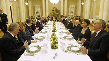 Finnish President Tarja Halonen and her European counterparts and their spouses from Austria, Germany, Hungary, Italy, Latvia, Portugal and Slovenia during their dinner of the European President meeting in Helsinki, Finland on Friday, 10th Feb., 2012.
