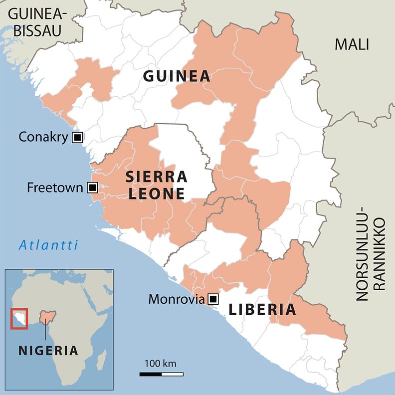 Ebola-tartunnat Afrikassa ovat levinneet useamman valtion alueelle. Kuvassa alueet, joilla on todettu varmistettuja ja mahdollisia sairaustapauksia.