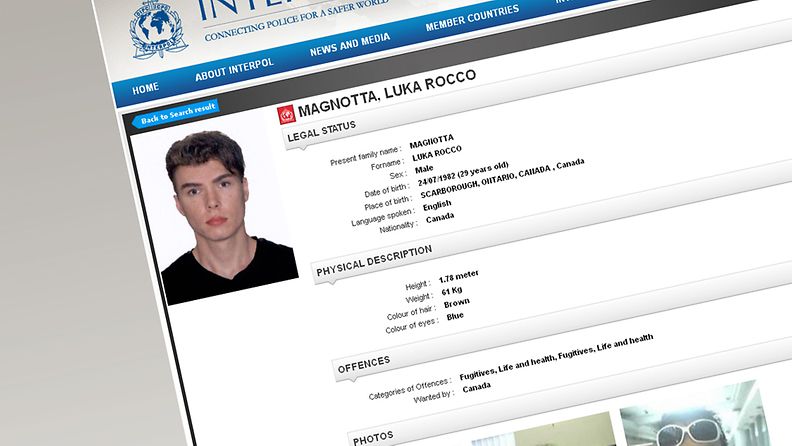 Luka Rocco Magnottan etsintäkuulutus Interpolin sivuilla.
