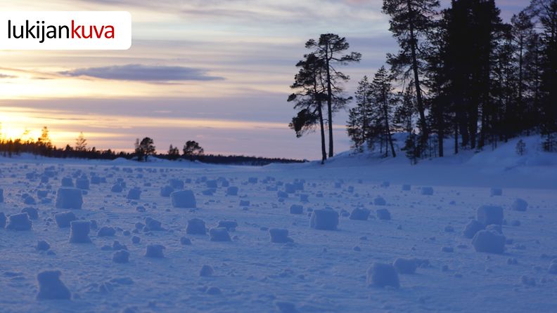 Tuuli pyöritti lumirullia Inarijärven jäällä 25. helmikuuta 2013. Kuva: Petteri Polojärvi
