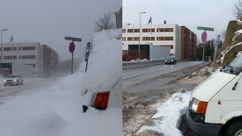 Helsingin Ilmalassa lunta tuiskutti 13. joulukuuta 2012, 2. tammikuuta 2013 tie oli sulana.
