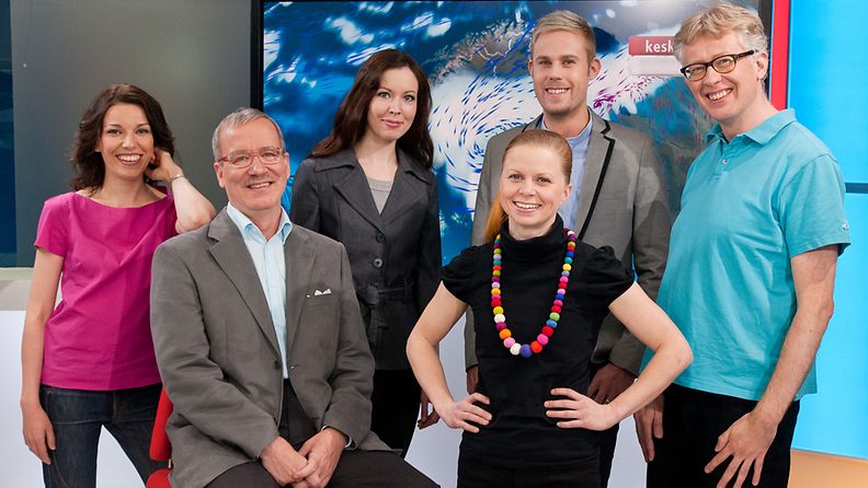 MTV3:n meteorologit Liisa Rintaniemi, Visa Salojärvi, Mette Mannonen, Miina Manninen, Aleksi Jokela ja Pekka Pouta.