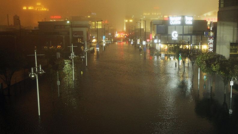 ATLANTIC CITY, NJ - OCTOBER 29: A flooded street is seen at nightfall during rains from Hurricane Sandy on October 29, 2012 in Atlantic City, New Jersey. Sandy made landfall over Southern New Jersey today. (Photo by Mario Tama/Getty Images) ATLANTIC CITY, NJ - OCTOBER 29: A flooded street is seen at nightfall during rains from Hurricane Sandy on October 29, 2012 in Atlantic City, New Jersey. Sandy made landfall over Southern New Jersey today. (Photo by Mario Tama/Getty Images) 