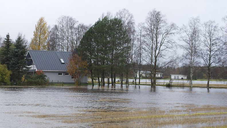 Ilmajoen Tuomikylässä useita taloja jäi veden saartamaksi 6. lokakuuta 2012.