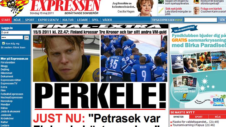 Kuvakaappaus ruotsalaisen Expressen-lehden verkkosivuilta. 