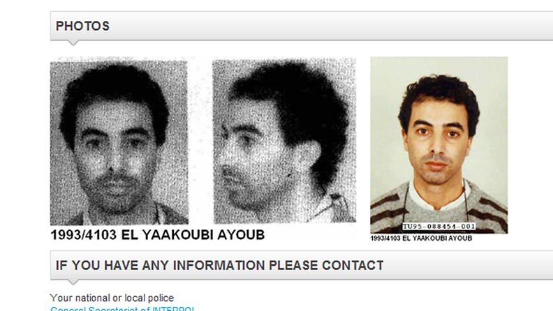 Kuvakaappaus Interpolin sivuilta. Etsintäkuulutettu Ayoub El Yaakoubi